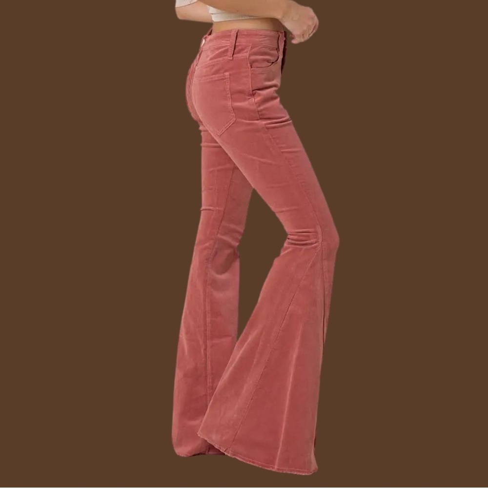 Boho Lightweight Corduroy Bell Bottom Pants High-Waisted Retro Mauve - Picture 3 of 5